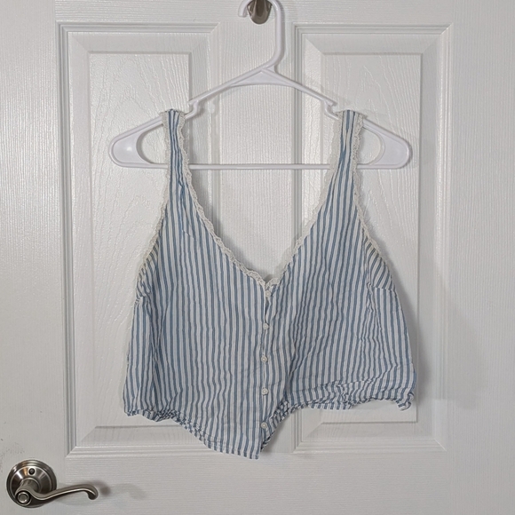 Vintage 90s Victoria's Secret Lace Trim Blue‎ and White Striped Slip Top Size S - Picture 1 of 6